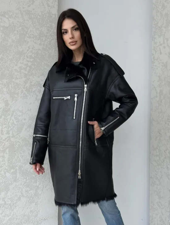 Удлиненная дубленка - авиатор из натуральной овчины с мехом тосканы - фото 5