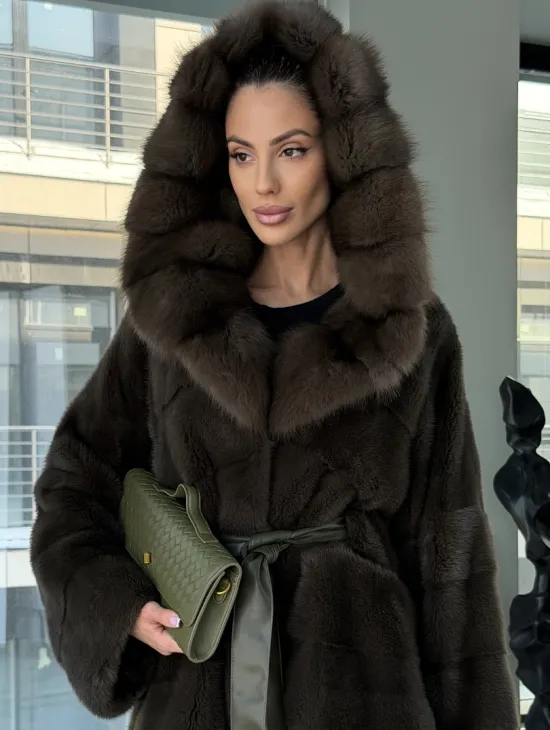 Норковое пончо шуба с капюшоном из меха куницы dark olive - фото 5