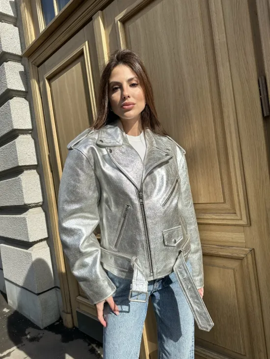 Куртка - косуха из натуральной кожи цвет серебристый - фото 5