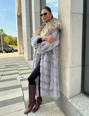 норковая шуба с капюшоном из меха рыси цвет серый сапфир - фото 3