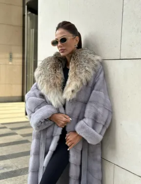 норковая шуба с капюшоном из меха рыси цвет серый сапфир - фото 0