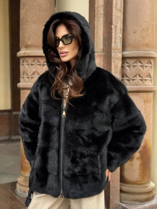 Черная норковая шуба с капюшоном - фото 8
