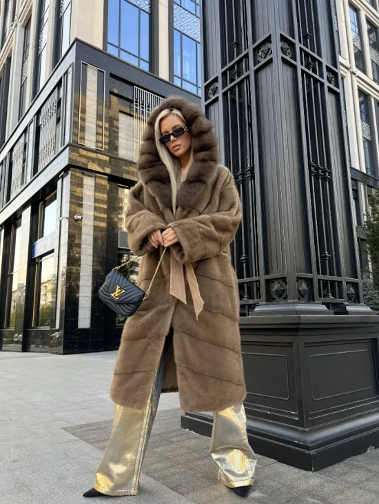 Пастель норковая шуба из меха NAFA капюшон куница - фото 1