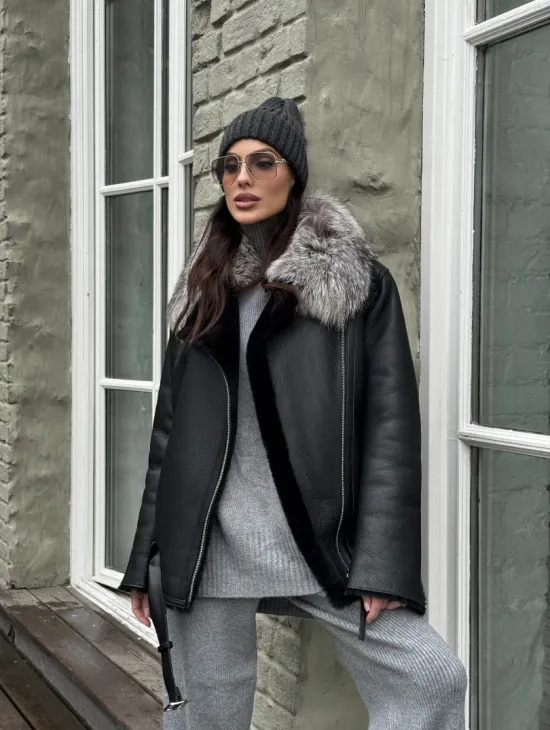 Дубленка из натуральной овчины с воротником чернобурой лисы - фото 10