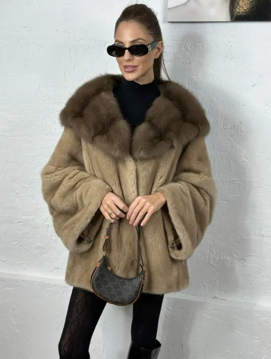 Норка автоледи с капюшоном куница - цвет пастель - фото 0