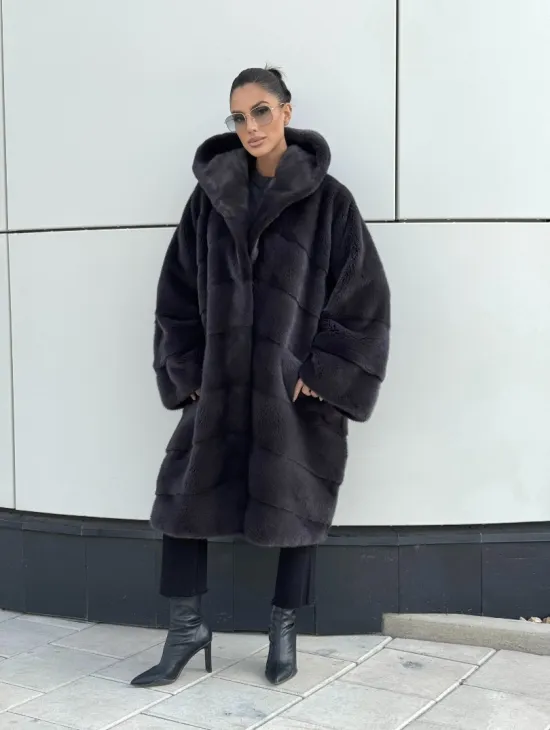 Норковая шуба паркет с капюшоном - цвет блю ирис - фото 11