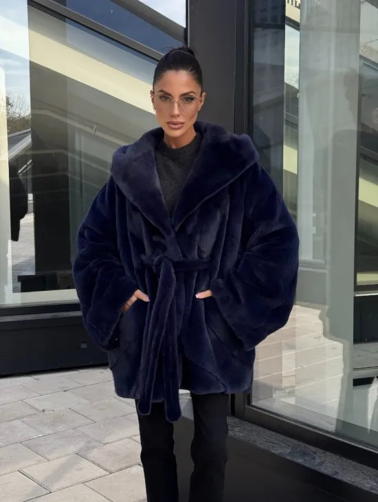 Шуба летучая мышь с капюшоном цвет аквамарин - паркетная раскладка - фото 11