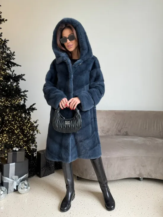 Норковая шуба с капюшоном, паркет - синего цвета - фото 4