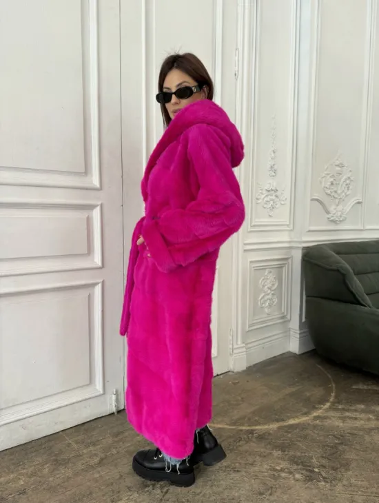 Норка кимоно с капюшоном, паркет - цвет фуксия - фото 5