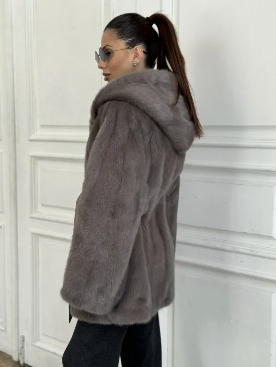 Шуба норковая с капюшоном роспуск - цвет графит - фото 1