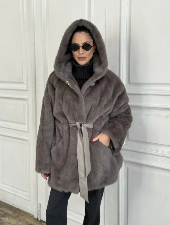 Шуба норковая с капюшоном роспуск - цвет графит - фото 0
