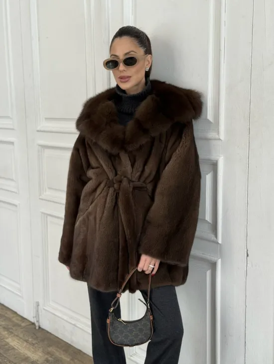 Норка летучая мышь роспуск с капюшоном куница - цвет орех - фото 6