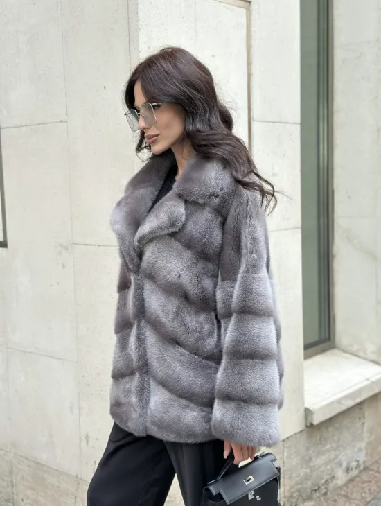 Норковый полушубок с английским воротником - цвет Platinum - фото 9