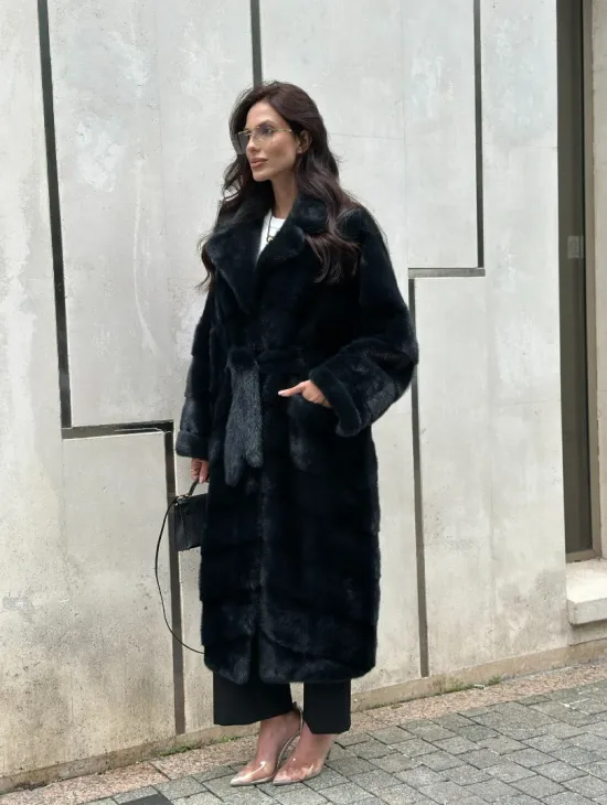 Шуба из меха норки с английским воротником темно - зеленый изумруд - фото 11